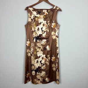 Talbots Dress Womens 12 Brown Floral Sheath Satin Sleeveless Stretch Knee Length